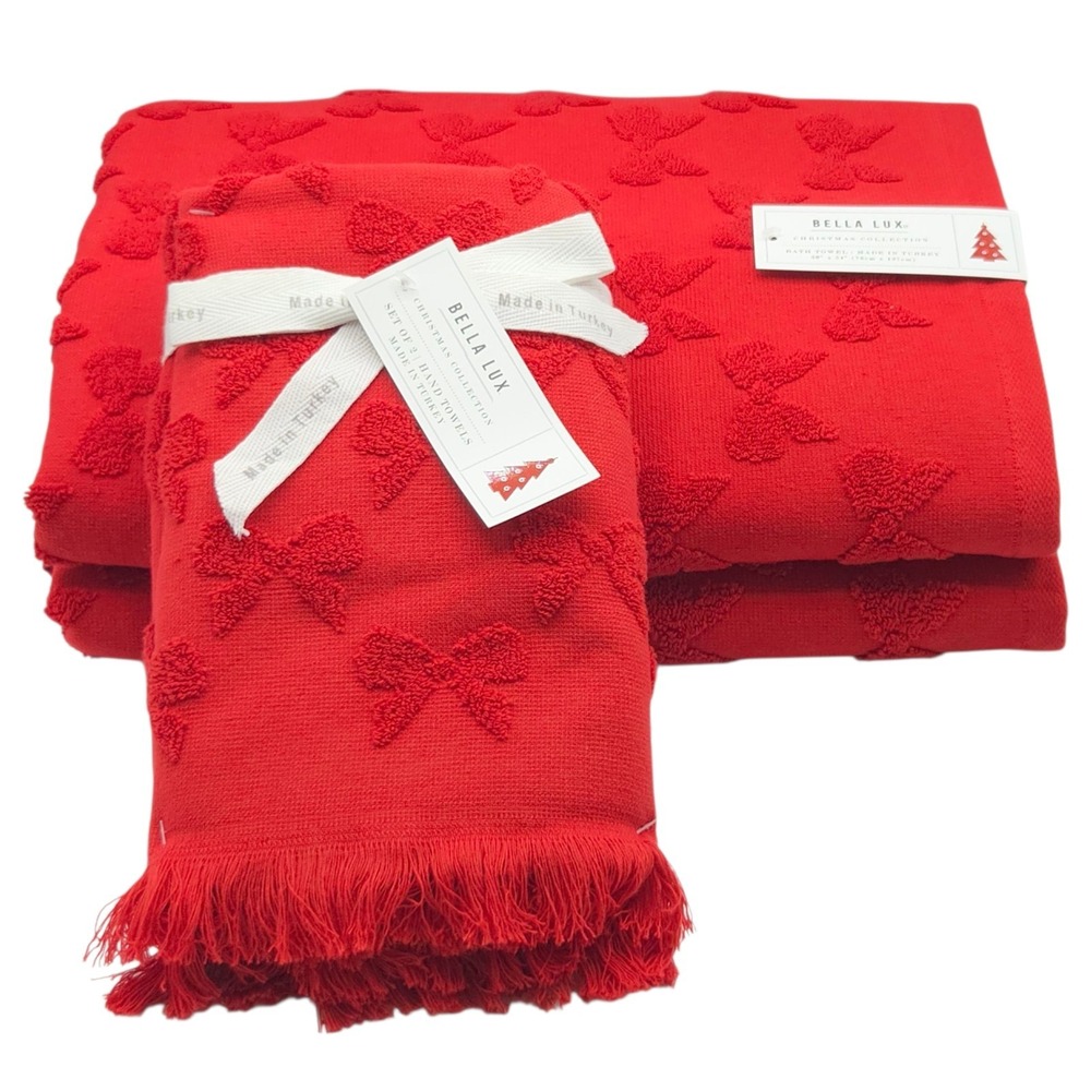 Bella Lux Christmas Collection Red Bows Embossed Turkish Cotton Towel Set Of 4pc